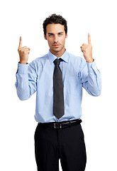 Image showing Portrait of businessman, hands and pointing up on studio background to branding, marketing or advertising space. Corporate worker, employee and finger showing on mock up backdrop for promotion deal