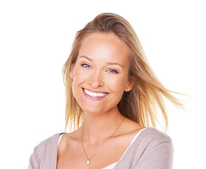 Image showing Beauty, fashion and smile with portrait of woman for style, luxury or happiness. Natural, lifestyle and confident with face of model for feminine, smile and happy in white background studio