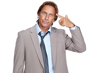 Image showing Portrait, thinking and crazy with a business man in studio isolated on a white background for mental health. Compliance, glitch and idea with a male employee on blank space pointing to his head