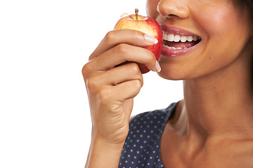 Image showing Apple, fruit and model mouth bite healthy food for diet and organic lifestyle with mock up. Hungry, health and eating fruits of a black woman happy about snack choice and weight loss with mockup