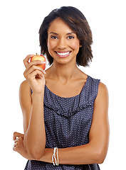 Image showing Portrait, studio or black woman eating an apple against a white background with marketing mockup space. Fruit, organic or happy African girl advertising healthy food or diet for self care or wellness