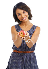Image showing Portrait, fruits or black woman eating an apple in studio on white background with marketing mockup space. Smile, organic or happy African girl advertising healthy food diet for self care or wellness