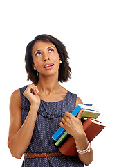 Image showing Teacher thinking, woman with books for reading and teaching with learning and education against white background. Academy, school and learn with knowledge and study, vision and academic motivation