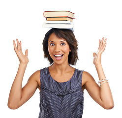 Image showing Portrait, headshot or black woman with books or balance in studio excited with learning development. Education, student or happy African school girl smiles in university or college with for knowledge