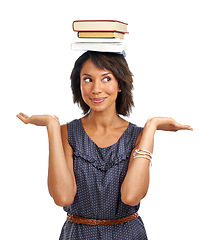 Image showing Student, choice or black woman with books, balance or decisions in studio with marketing mockup space. Education, smile or African school girl in university or college with notebooks for learning