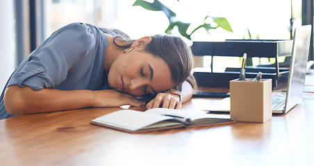 Image showing Sleep, tired and insomnia with business woman and fatigue, corporate burnout and employee sleeping on desk. Working overtime for deadline, overworked and mental health, sleepless from job stress.