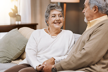 Image showing Elderly, couple and marriage with commitment and retirement, spending quality time with love and care at family home. Relationship, holding hands with support and trust with old couple together.