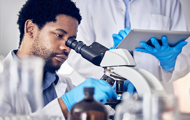 Image showing Black man, scientist and microscope with science research in laboratory, data analysis and expert with scientific or medical innovation. Phd doctor, face and biotechnology, chemistry and study in lab