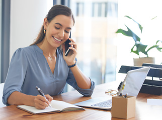 Image showing Phone call, happy or business woman writing in notebook in office planning creative strategy or idea. Smile, success or employee with smartphone for communication, networking or startup discussion