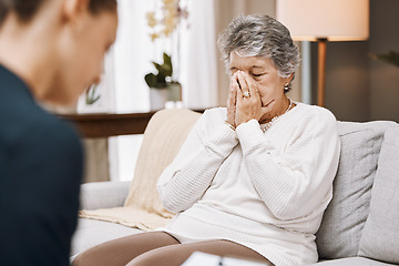 Image showing Psychologist, consulting or old woman crying in counseling with therapist writing notes in conversation. Stressed, checklist or psychology expert listening or helping sad senior person in therapy