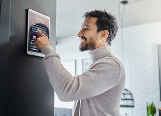 Image showing Smart home technology, wall system or man with digital dashboard screen for room lighting, safety security network or house automation. AI software app, ui panel or profile of person with IOT monitor