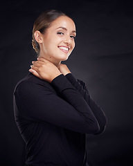 Image showing Skincare, portrait or woman in studio with a happy smile after facial grooming routine isolated on black background. Beauty glow, face or girl model smiling with marketing or advertising mockup space