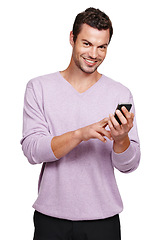 Image showing Portrait, man and smartphone for connection, social media or guy isolated on white studio background. Male, gentleman or cellphone for communication, chatting or texting to connect or search internet