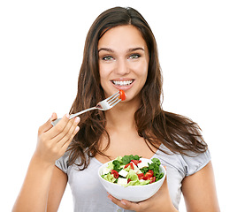 Image showing Happy, woman and portrait with health salad for wellness nutrition and diet with cheerful smile. Beautiful dieting model excited for healthy food lifestyle on isolated white background.