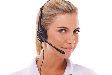 Image showing Customer support communication, face portrait and woman talk on contact us CRM, telemarketing or call center. Telecom microphone, customer service and consultant consulting on white background studio