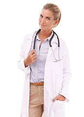 Image showing Doctor, healthcare and portrait of woman in studio isolated on a white background. Face, wellness and smile of happy, confident and proud female medical professional, worker or physician from Canada.