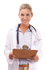 Image showing Portrait, woman and healthcare doctor with checklist in studio on a white background. Face, wellness and happy female medical worker from Canada with clipboard for research, prescription or schedule.