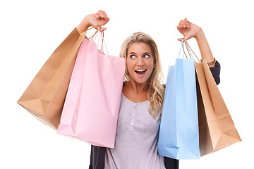 Image showing Fashion, wow or woman with shopping bag, clothes or luxury products in studio on white background. Excited, retail or happy girl customer with designer brands on sale, discount or promotional offer