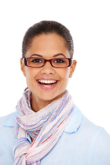 Image showing Vision, happy or portrait black woman with glasses for optometry eyesight support, ocular eye care or optical healthcare. Lens frame studio, beauty headshot or model girl isolated on white background