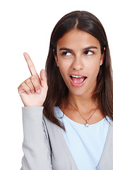 Image showing Young woman, thinking and finger with idea, solution or plan against white studio background. Isolated female pointing hand up to solve problem or in thought for light bulb moment on white background