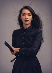 Image showing Beauty portrait, sword and samurai woman art in ninja or warrior fashion to fight for power and fantasy. Asian female from Japan in black cosplay and makeup for action with metal weapon for art deco