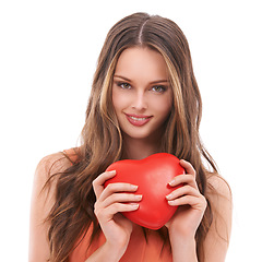 Image showing Heart, love and face portrait of woman with red object, romantic product or emoji icon for Valentines Day holiday. Beauty, smile and studio headshot of happy model girl isolated on white background