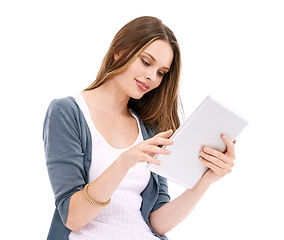 Image showing Online shopping search, tablet and typing woman scroll website for discount sales, e commerce deal or fashion choice. Digital technology, ecommerce customer and model girl on white background studio