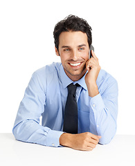 Image showing Phone call, happy man and business networking on studio background for communication, negotiation and contact. Corporate worker, white background and mobile talking to investor, consultant or trading