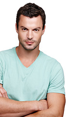 Image showing Portrait, arms crossed and man focus, mindset and guy isolated on white studio background. Male, gentleman and leader with confidence, handsome and serious expression with ideas, serious on backdrop