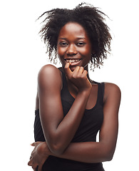 Image showing Beauty, portrait and flirting black woman in studio for hair treatment against white background. Face, girl and haircare for thinking African girl with curly, texture and afro, cute and isolated