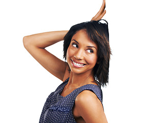 Image showing Happy woman, poster or announcement with advertising space, billboard or mockup for brand sale. Black female with a banner, product placement or signage mock up for branding logo on white background