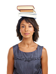 Image showing Portrait, education or black woman with books or balance in studio with marketing mockup space. Headshot, student or African school girl in university or college for study learning or future goals