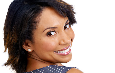 Image showing Face portrait, beauty and skincare of woman in studio isolated on a white background. Makeup, cosmetics or happy female model satisfied with spa facial treatment for healthy, glowing or flawless skin