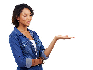 Image showing Mockup, fashion or black woman in studio with marketing, product placement or branding space. White background, model or African girls hand advertising a discount, sales or promotional deal offer