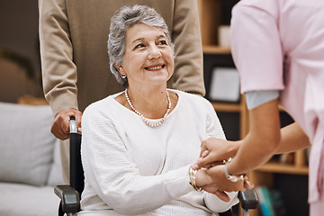 Image showing Disability, healthcare and nursing home with a senior woman patient in a wheelchair while talking to a nurse. Support, trust and medical with a mature female and medicine professional in a clinic