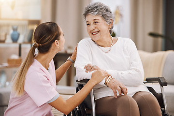 Image showing Wheelchair disability, rehabilitation and nurse volunteer at nursing home for charity work. Healthcare, support and caregiver with senior women for medical help, elderly care and consulting patient