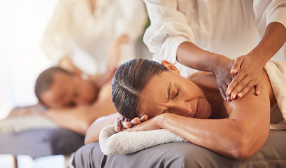 Image showing Massage, relax and peace with couple in spa for healing, health and zen treatment. Detox, skincare and beauty with hands of massage therapist on man and woman for calm, physical therapy and luxury