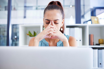 Image showing Business woman with mental health, stress and headache with anxiety at office, fatigue or corporate burnout. Pain, tired with laptop glitch and frustrated professional and depressed female at work