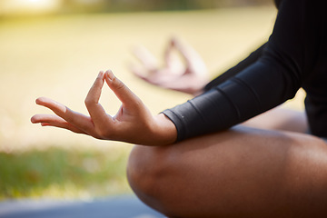 Image showing Woman, mudra hands and park meditation, wellness and freedom in chakra energy, zen fitness and peace. Closeup girl, yoga exercise and lotus praying in nature for mental health, hope and relax mindset