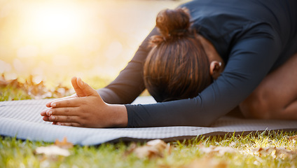 Image showing Yoga, prayer hands and woman stretching at park for health, wellness and flexibility. Zen chakra, pilates pose and female training, meditation and exercise, mindfulness and workout outdoors in nature