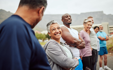 Image showing Happy, fitness or senior friends start running exercise, cardio workout or sports training outdoors. Team building, funny runners or healthy mature people with body goals talking, bonding or laughing