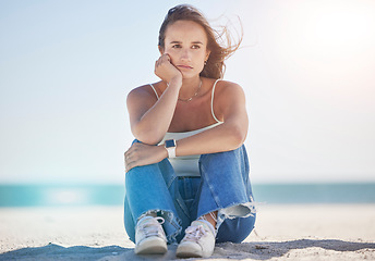 Image showing Sad, thinking and depression with woman at beach feeling stress, exhausted and problems. Mental health, crisis and anxiety with depressed girl alone with frustrated, worry and confused by the sea