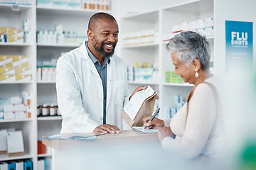 Image showing Healthcare, pharmacist and woman at counter with medicine or prescription drugs sales at drug store. Health, wellness and medical insurance, black man and customer at pharmacy for advice and pills.