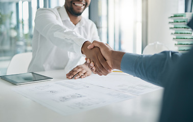 Image showing Black man, shaking hands and architecture with architect hiring, interview and onboarding, office and blueprint plan. Human resources, recruitment and partnership with deal, contract and thank you