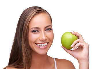 Image showing Wellness, apple and portrait of woman on a white background for healthy lifestyle, cosmetics and wellbeing. Diet, digestion and face of girl with fruit for organic products, vitamins and nutrition