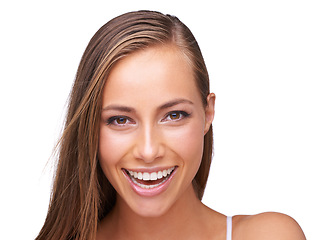 Image showing Woman, face and beauty with hair and skincare with makeup and cosmetics isolated against white background. Cosmetic care portrait, wellness and hair care with keratin, skin glow and beauty treatment