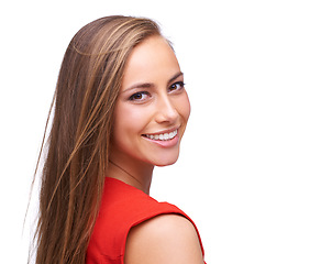 Image showing Happy woman, portrait and face with a teeth smile isolated on a white background with advertising space. Young female model with a positive mindset in studio for makeup, cosmetics and hair care