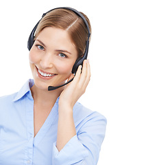 Image showing Call center, customer service and face portrait of woman in studio isolated on white background mock up. Crm, contact us and happy female telemarketing worker, consultant or sales agent from Canada.