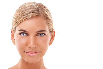 Image showing Skincare, portrait and woman in studio for wellness, hygiene and grooming on white background. Face, beauty and girl model relax after skin treatment, cosmetics and dermatology care, calm and perfect