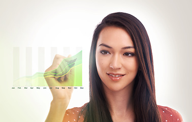 Image showing Virtual chart growth, face and woman with stock market graph, investment data analytics or financial profit. Finance economy, pen and model girl with trading revenue infographic on studio background